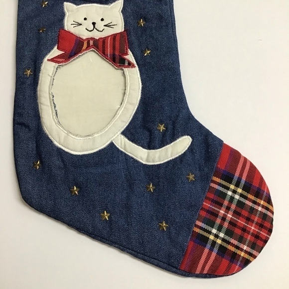 Cat Christmas Stocking Picture Frame Kitten Kitty Pet Applique Plaid Denim Stars - Picture 11 of 13